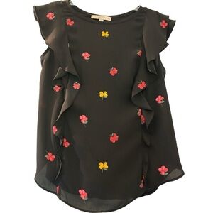 LOFT top, MP, black with yellow and red flowers , flutter sleeve and ruffles.